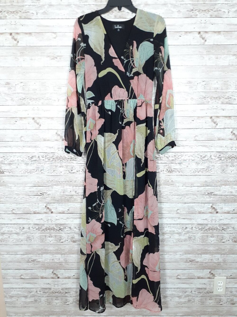 Lulus Wonderous Water Lillies Maxi Dress S Long Sleeve Front Slit Lined 870A